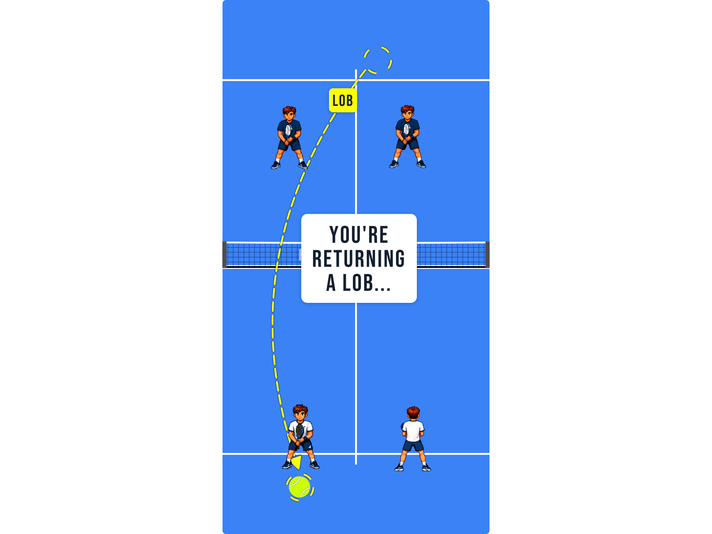 Padel court diagram showing a player retreating to deal with a lob