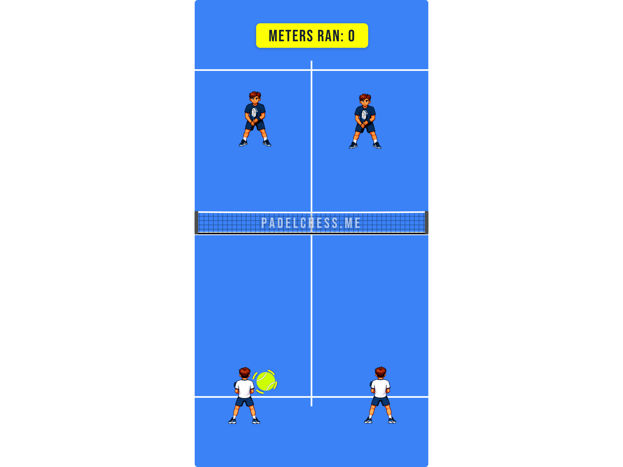 Padel court diagram at the start of a rally with a metres-run counter at zero