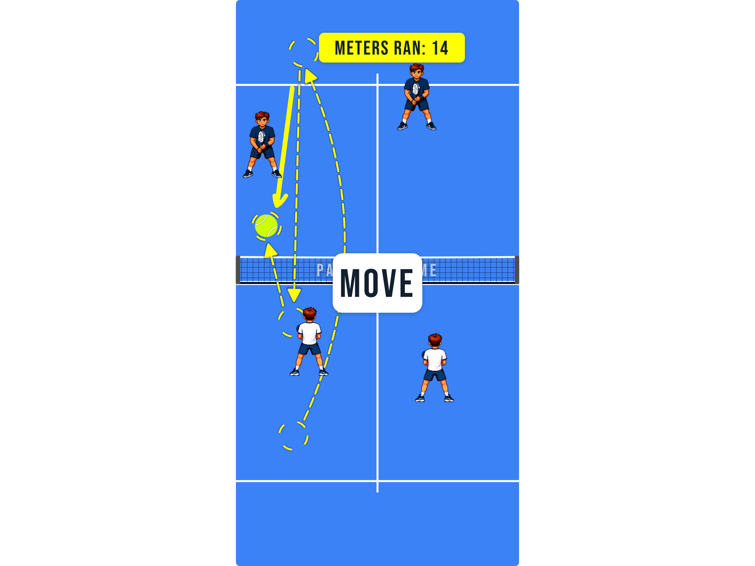 Padel court diagram showing an opponent forced to hit while still moving across the court