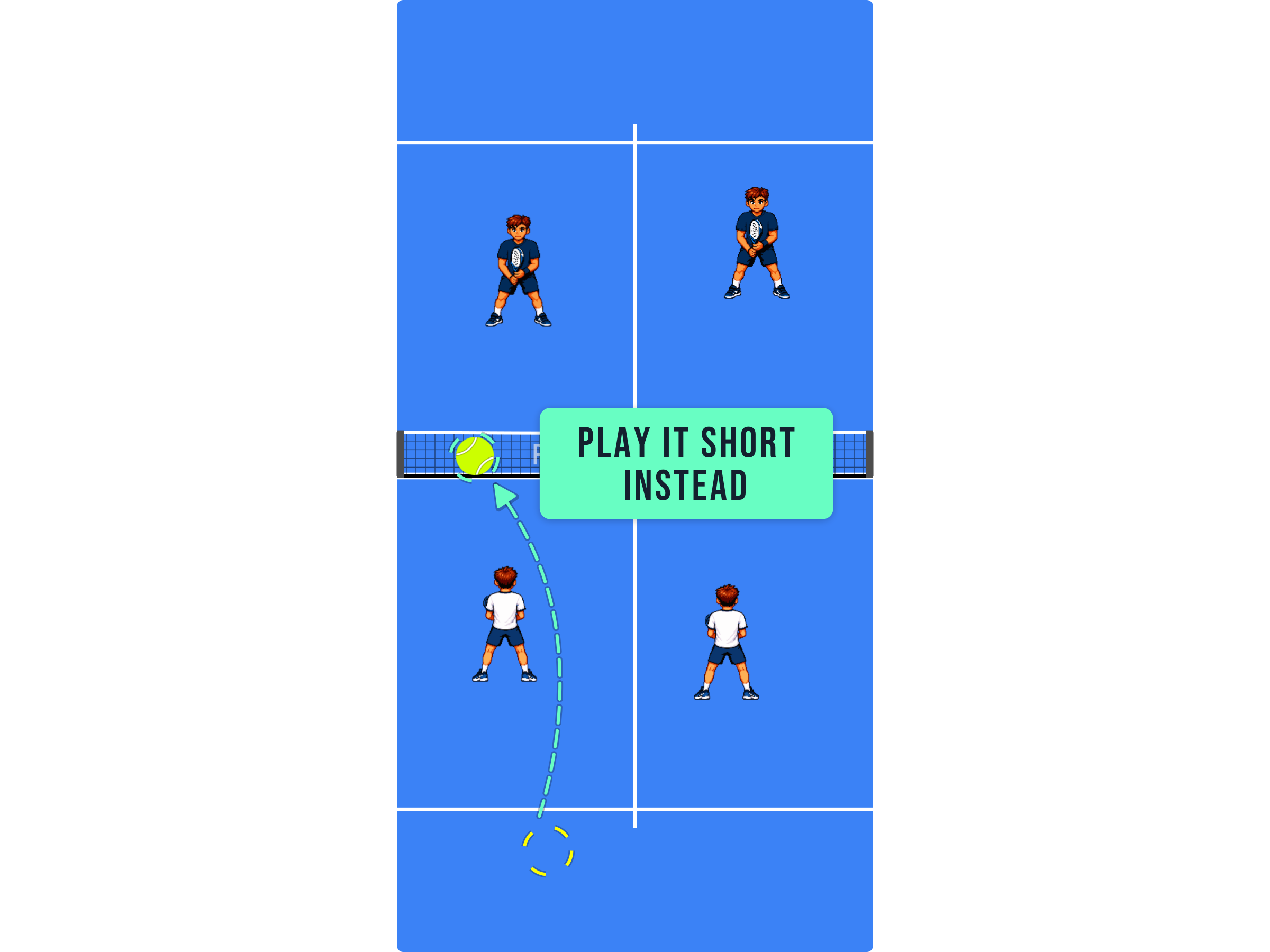 Padel court diagram showing a low chiquita arriving at the net players' feet